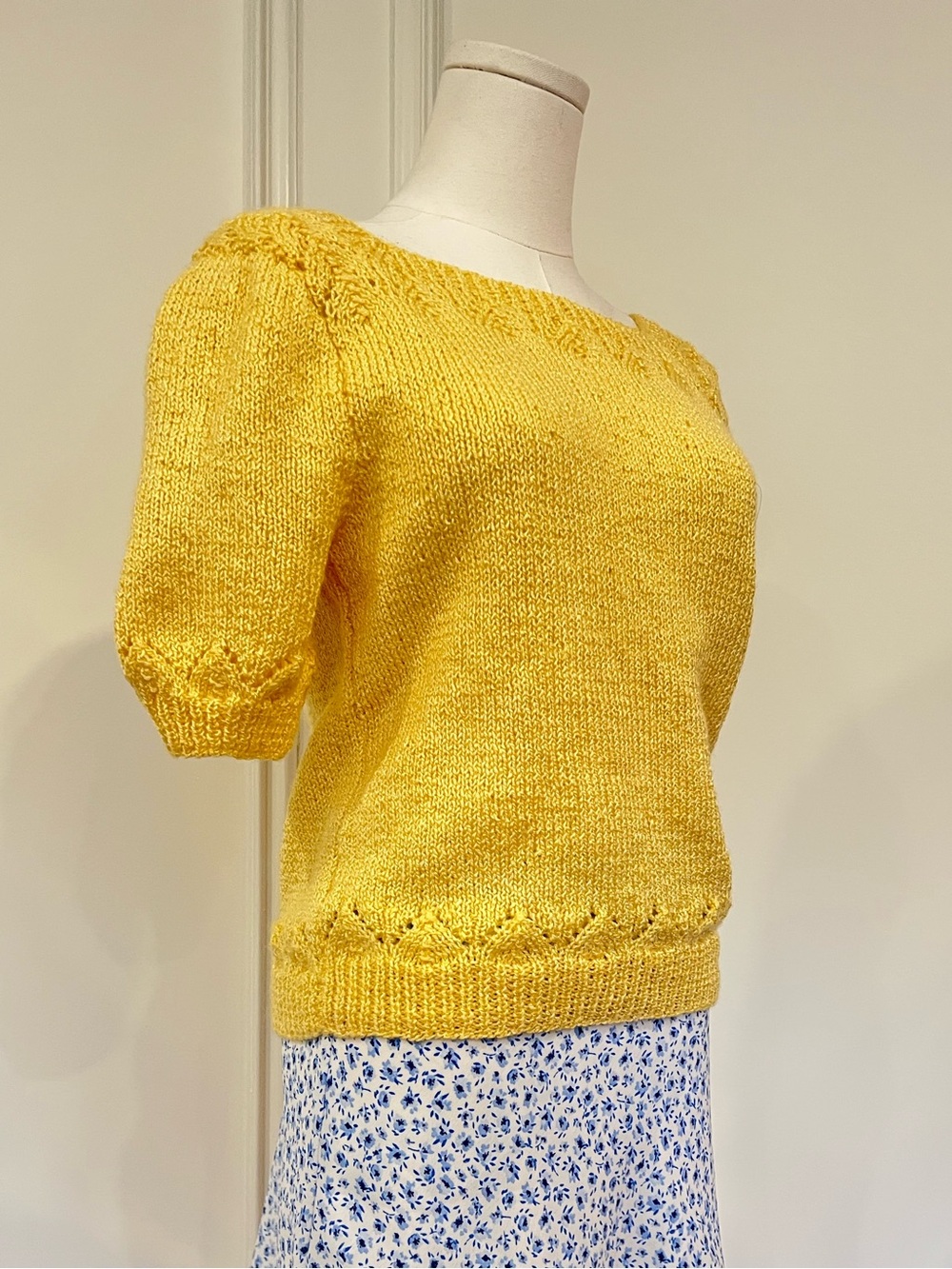 Butter Yellow Hand Knit Puff Sleeve Sweater Pointelle Cottagecore Coquette